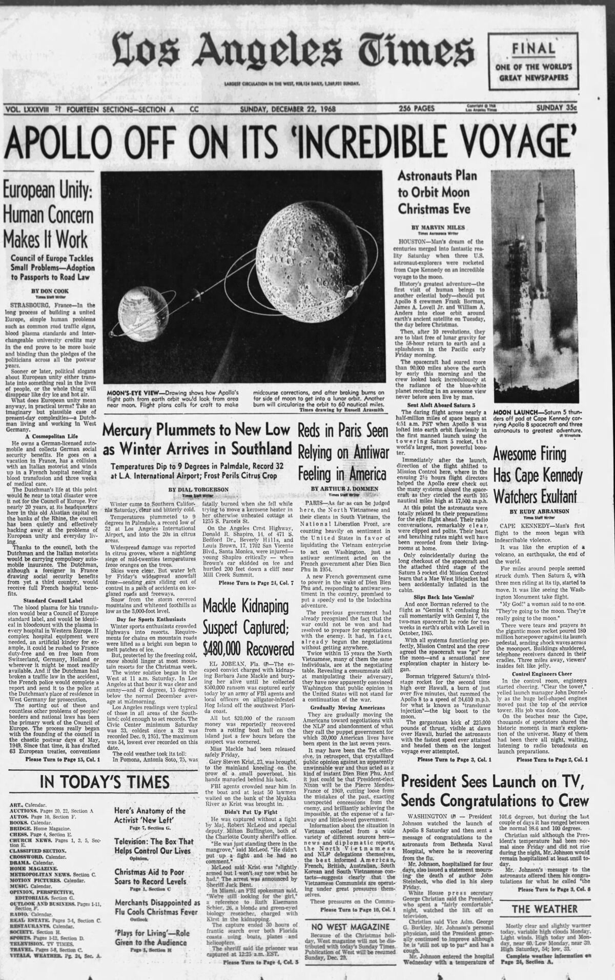 Los Angeles Times newspaper clipping of Apollo 8 taking off for the moon