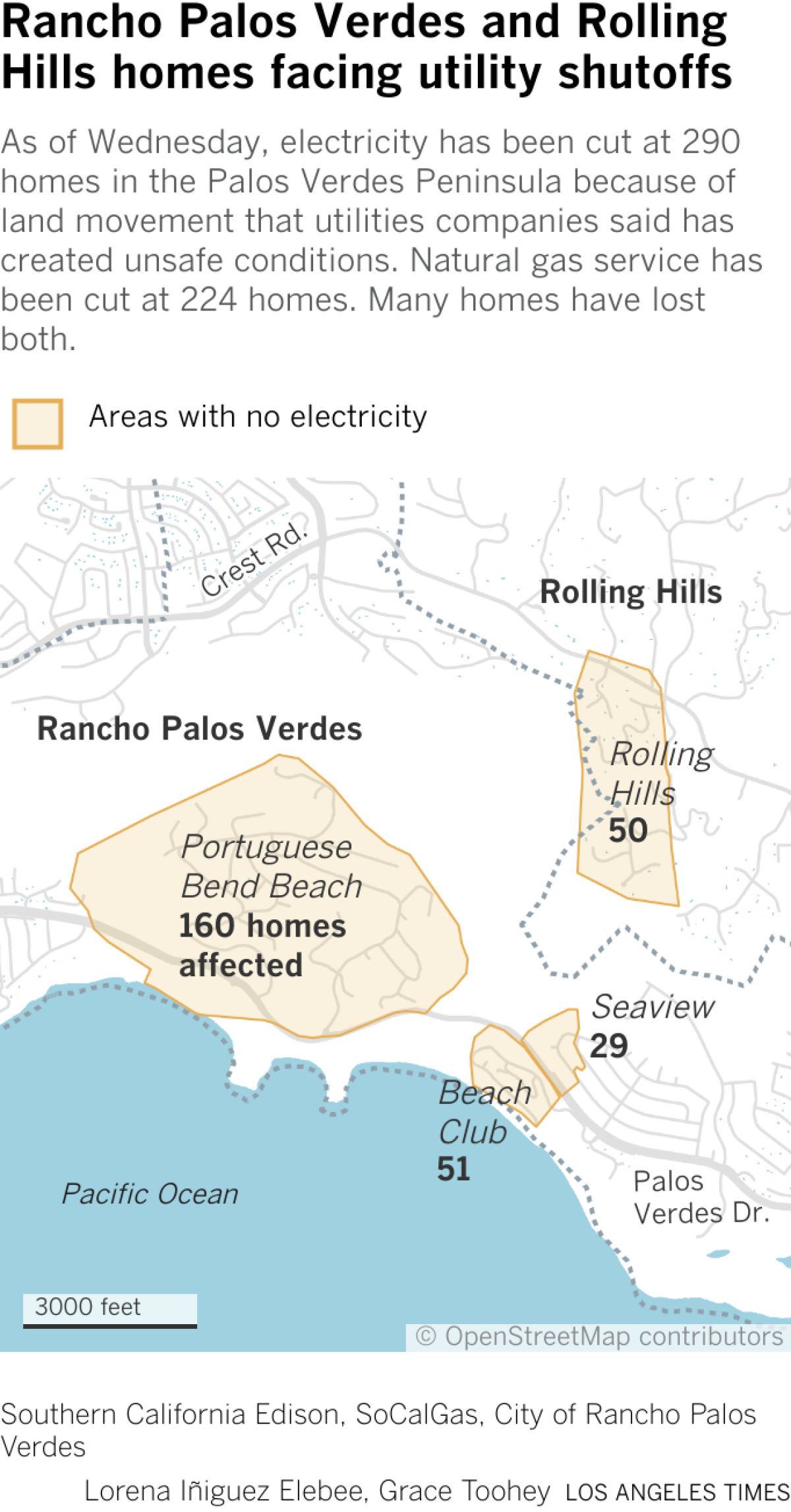 Map shows areas in Rancho Palos Verdes and Rolling Hills where 290 homes are without electricity and 224 are also without gas service.