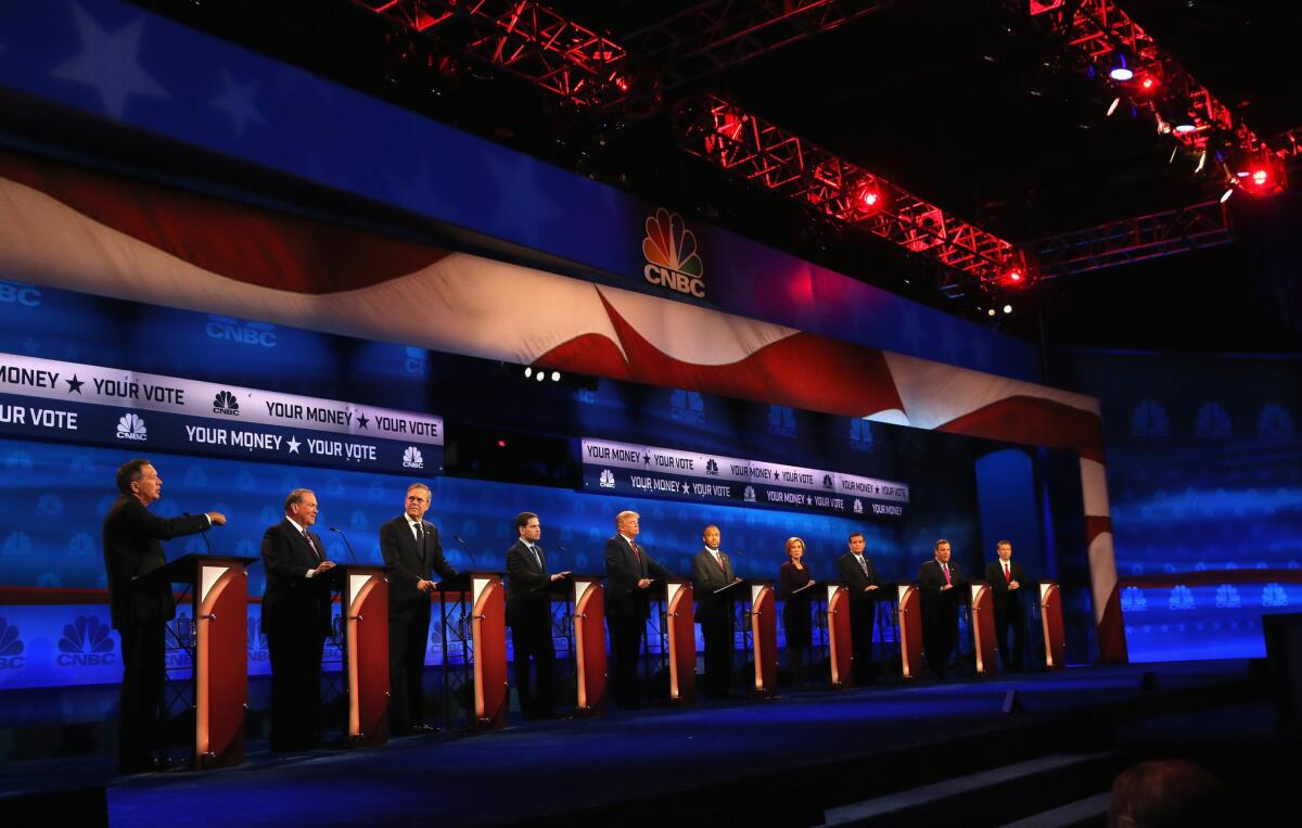 Ten Republicans take part in the main debate Wednesday night in Boulder, Colo. Four others competed in an earlier forum.