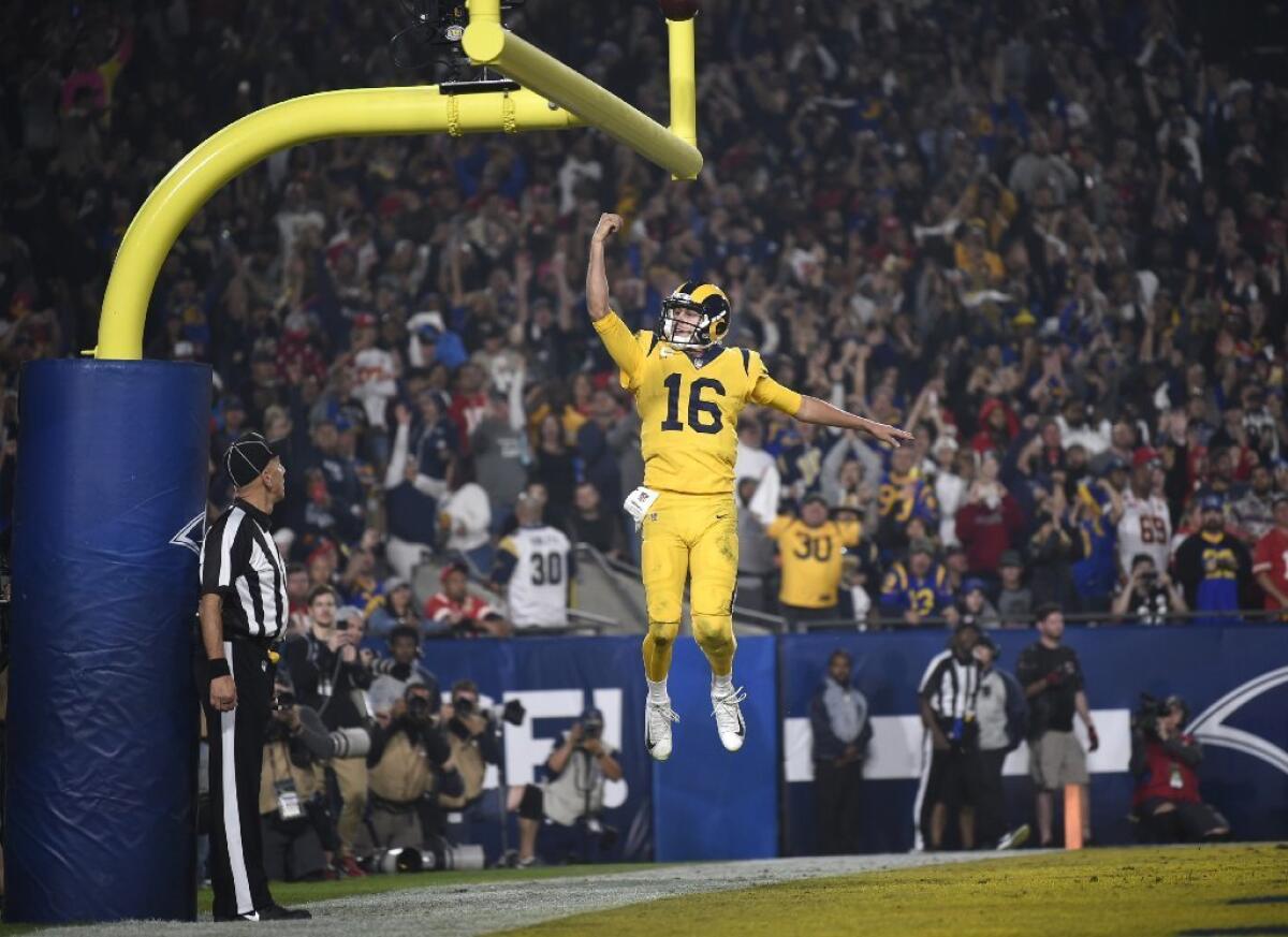 Rams quarterback Jared Goff celebrates after scoring a touchdown against the Kansas City Chiefs in the third quarter.