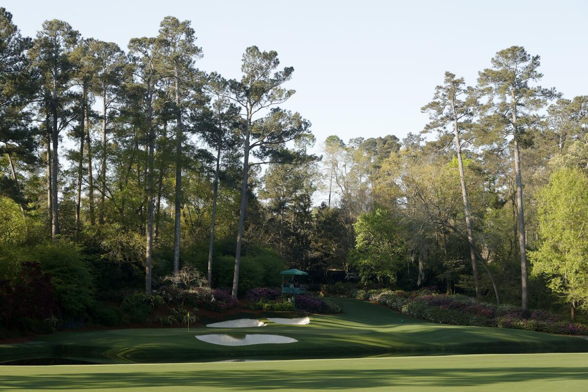 A general view of the 12th hole during a practice round prior to the Masters at Augusta National Golf Club.