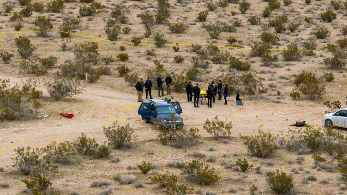 People gather in the desert near cars.
