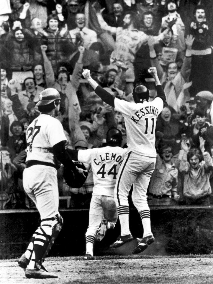 Chet Lemon (44) runs for the dugout after scoring the winning run against the Boston Red Sox on opening day in 1978. Lemon scored from first base on a bloop single to center. A record crowd of 50,754 was on hand for the game.