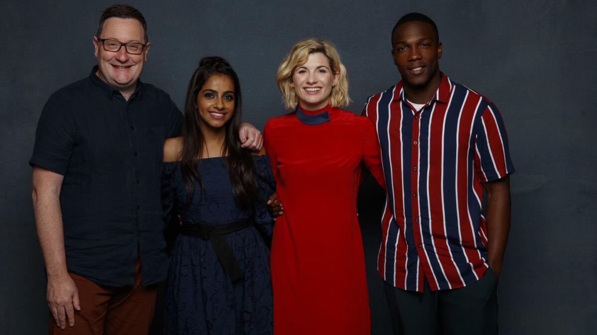Executive producer Chris Chibnall, from left, Mandip Gill, Jodie Whittaker and Tosin Cole from the television series "Doctor Who."