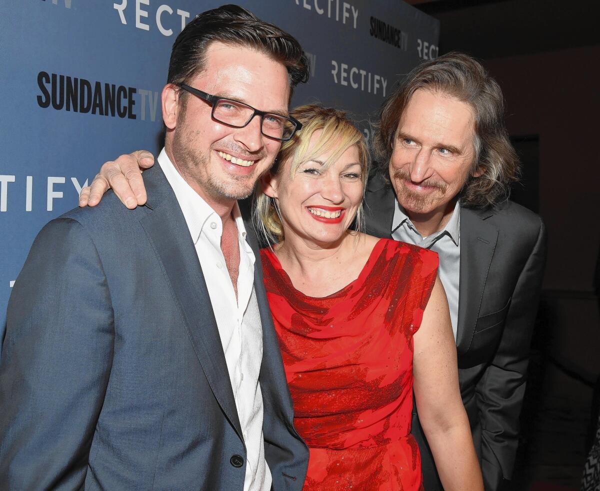 Actor Aden Young, left, Loene Carmen and creator Ray McKinnon at the Los Angeles premiere of Season 2 of Sundance Channel’s “Rectify.”