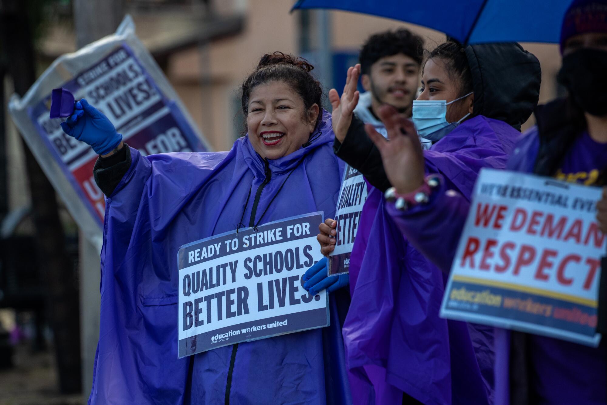 Yadira Martinez, 53, left, works for LAUSD as special education assistant, on strike joins the picket line