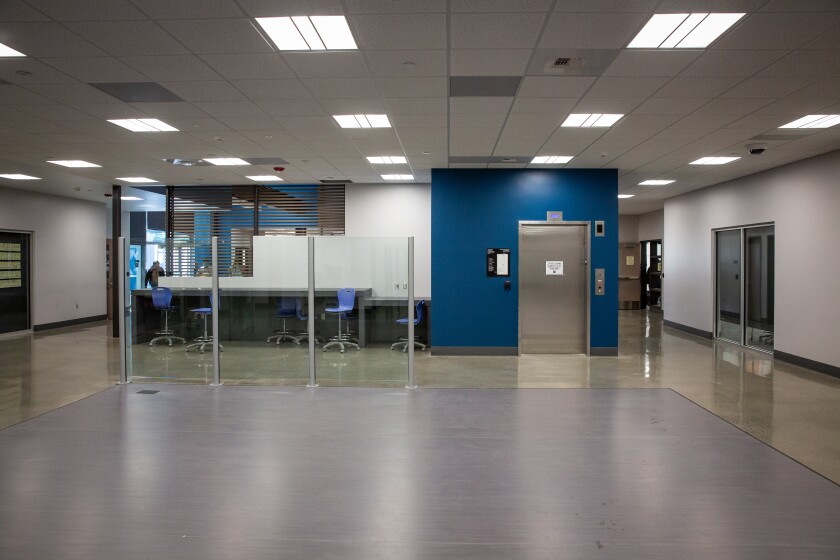 One of the collaborative learning spaces in the new classroom building awaits the delivery of chairs and other furniture.