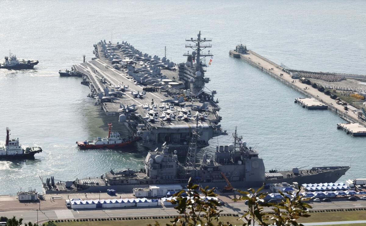 The nuclear-powered aircraft carrier USS Ronald Reagan arrives in Busan, South Korea.