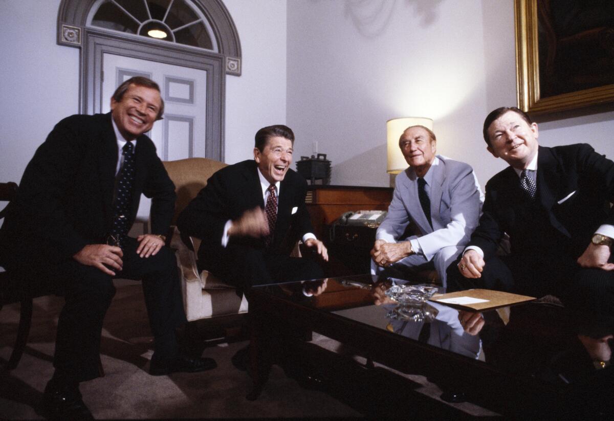 President Ronald Reagan, second from left, laughs with Senate Republicans in 1983: from left, Howard Baker, Strom Thurmond and John Tower.