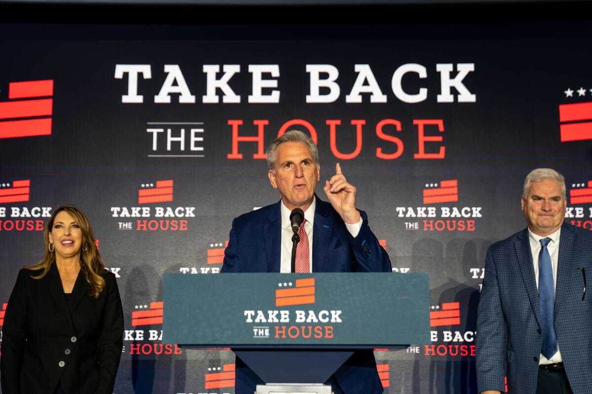 House Minority Leader Kevin McCarthy speaks at a lectern