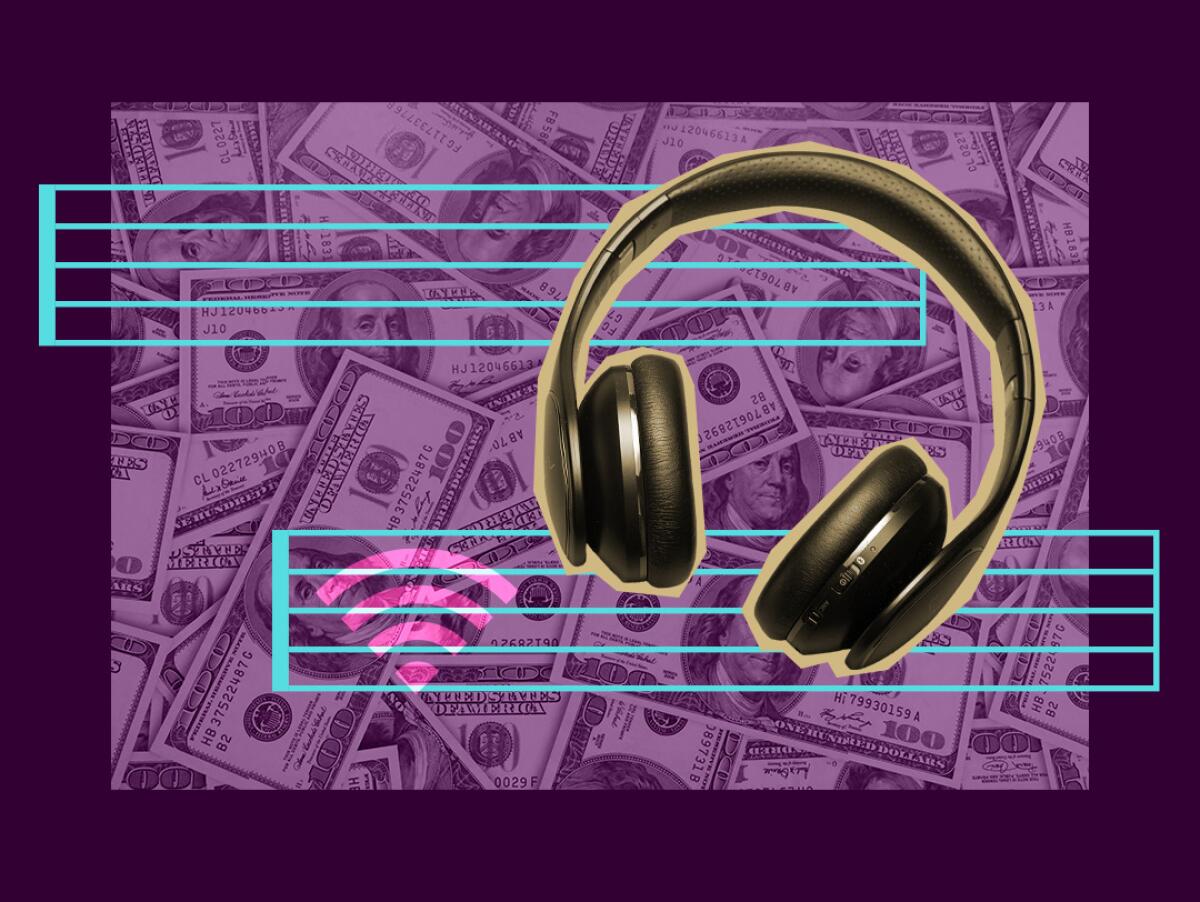 photo illustration of headphones against a backdrop of hundred dollar bills