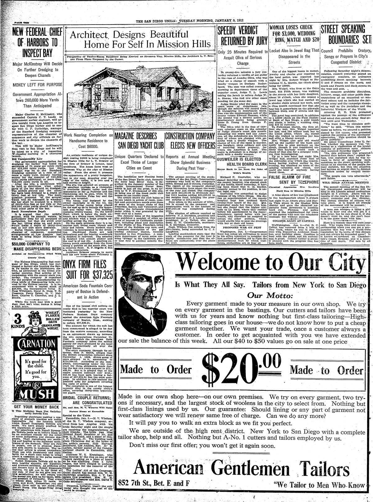 January 9, 1912 page from The San Diego Union.