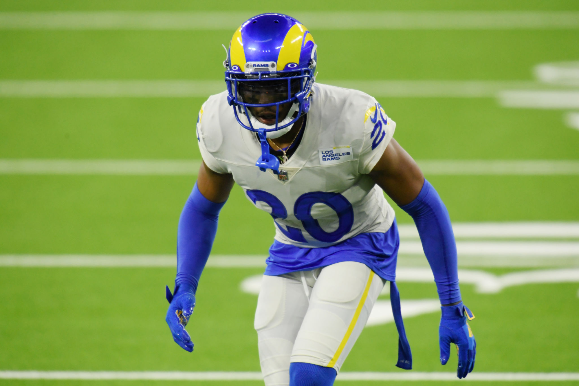 Cornerback Jalen Ramsey lines up during a game between the Rams and Dallas Cowboys in September 2020. 