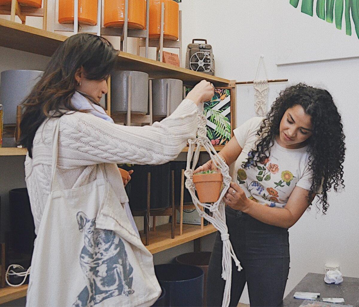 Lola Morales hands a macramé plant hanger holding a potted plant to a customer.