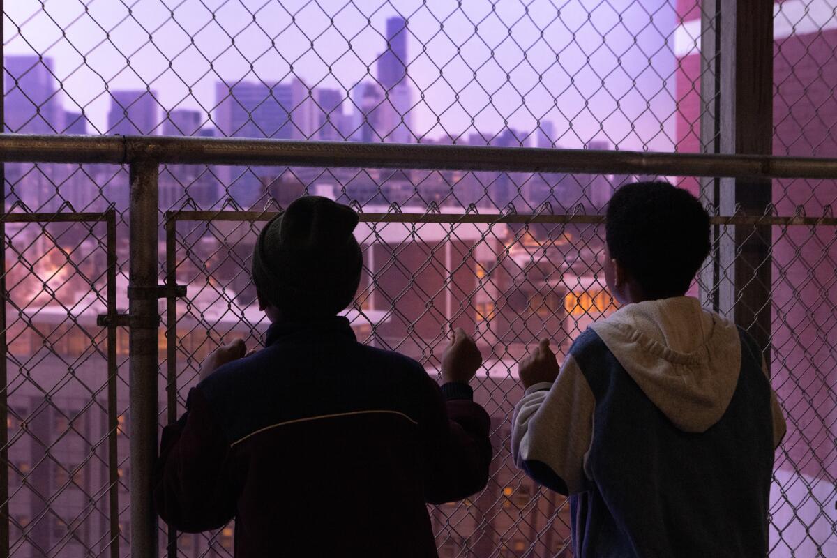 Two boys look at a city skyline.