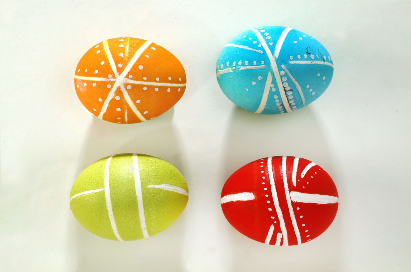 Easter eggs dyed with rubber band technique.