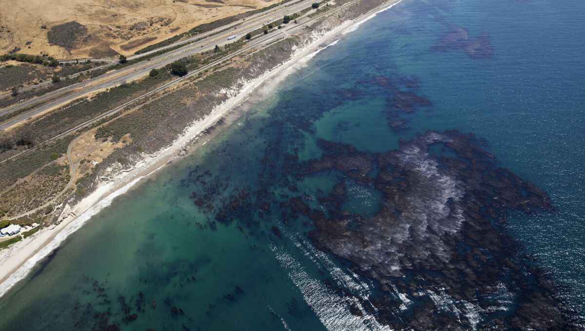 The oil spill fouls the waters and a kelp forest on May 20 as a cleanup effort continued along the coast in Santa Barbara County.