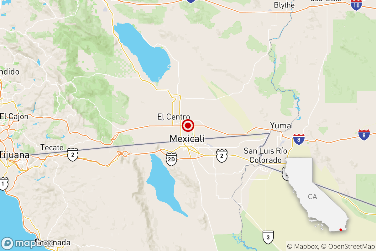 Map of the California-Mexico border region with a red dot showing epicenter of an earthquake near El Centro, California