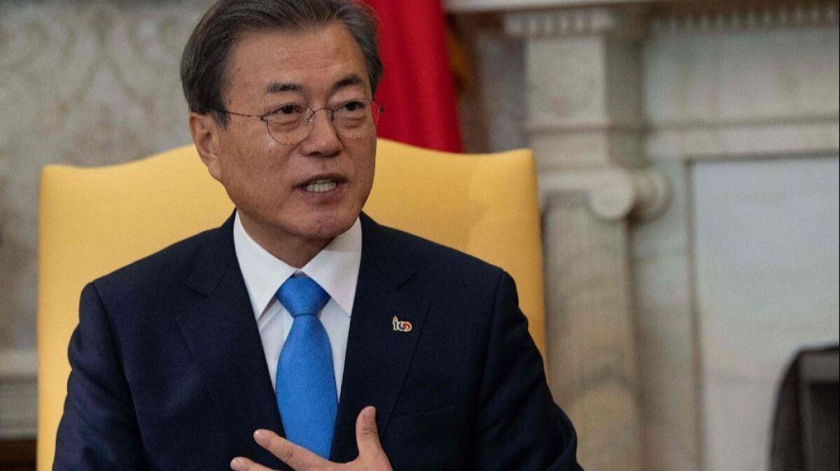 South Korean President Moon Jae-in in the Oval Office during a visit to Washington on April 11, 2019.