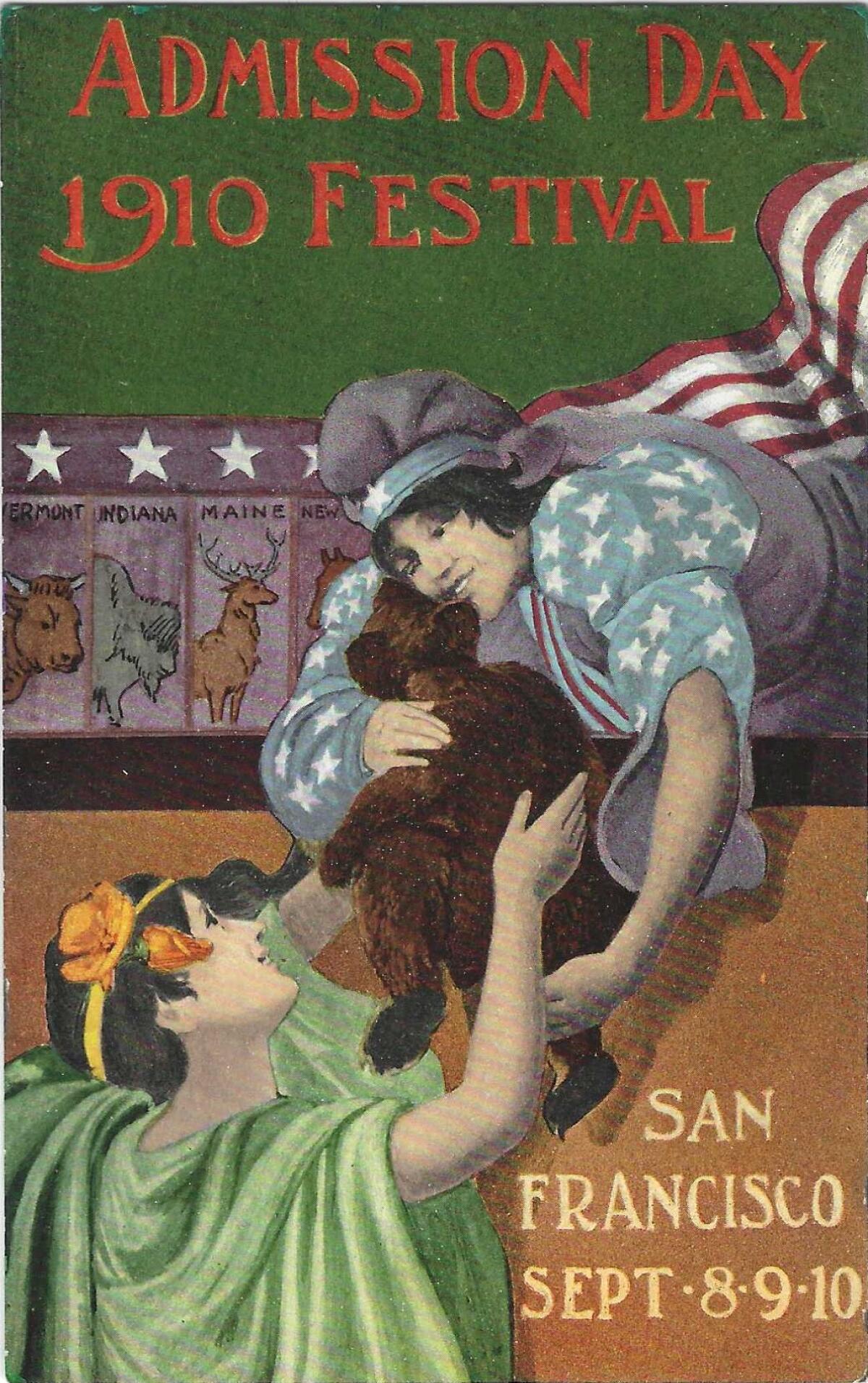 A woman with poppies in her hair hands a bear cub to a woman wearing American flag garb.