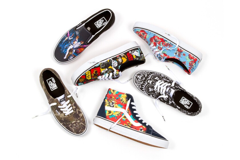 Six Vans sneakers featuring "Star Wars"-inspired artwork.