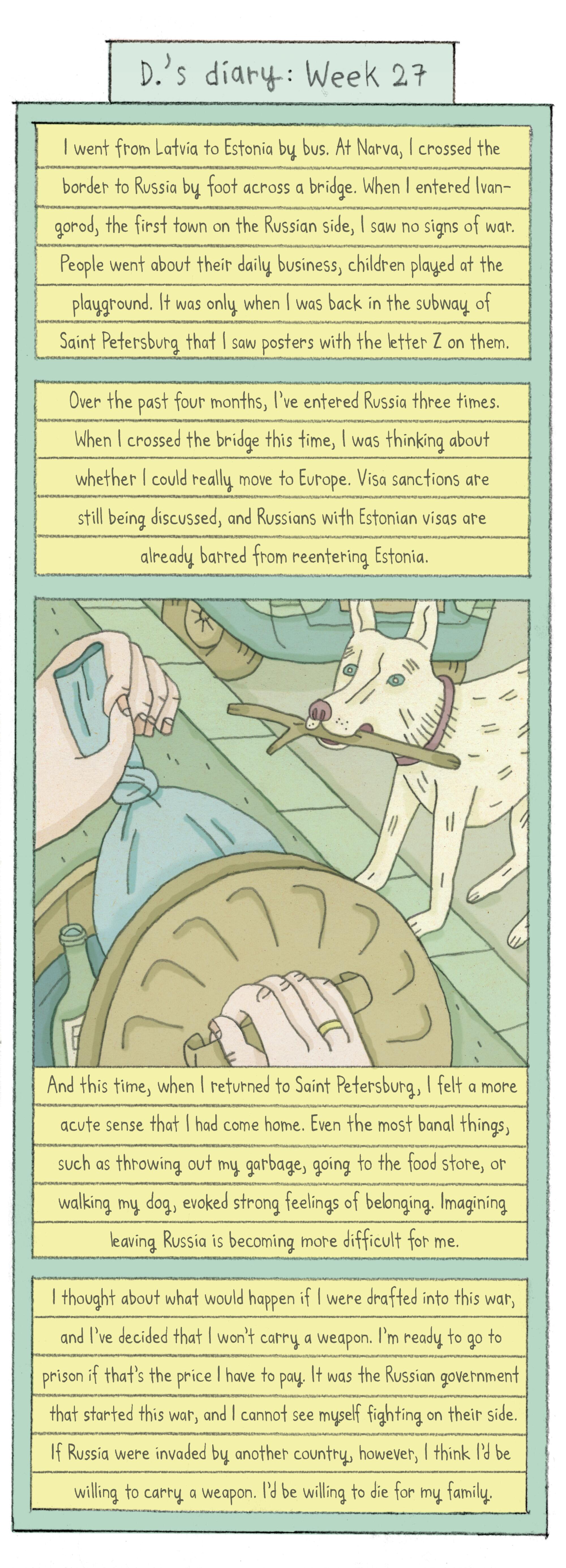 illustrated comic depicting someone putting garbage into a pail, with a white dog holding a stick nearby.