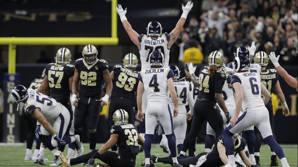 Los Angeles Rams kicker Greg Zuerlein reacts after his game-winning field goal in overtime against the New Orleans Saints in New Orleans on Jan. 20. The Rams won 26-23.