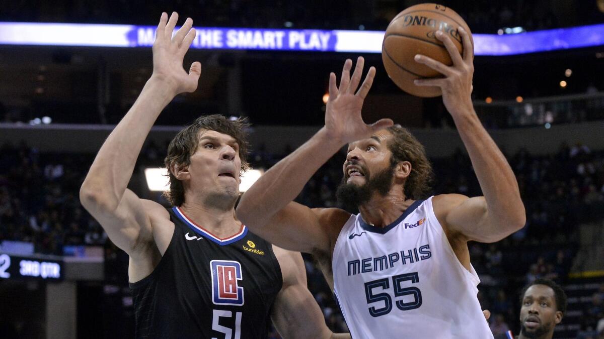 Memphis Grizzlies center Joakim Noah (55) drives against Clippers center Boban Marjanovic (51) in the second half.
