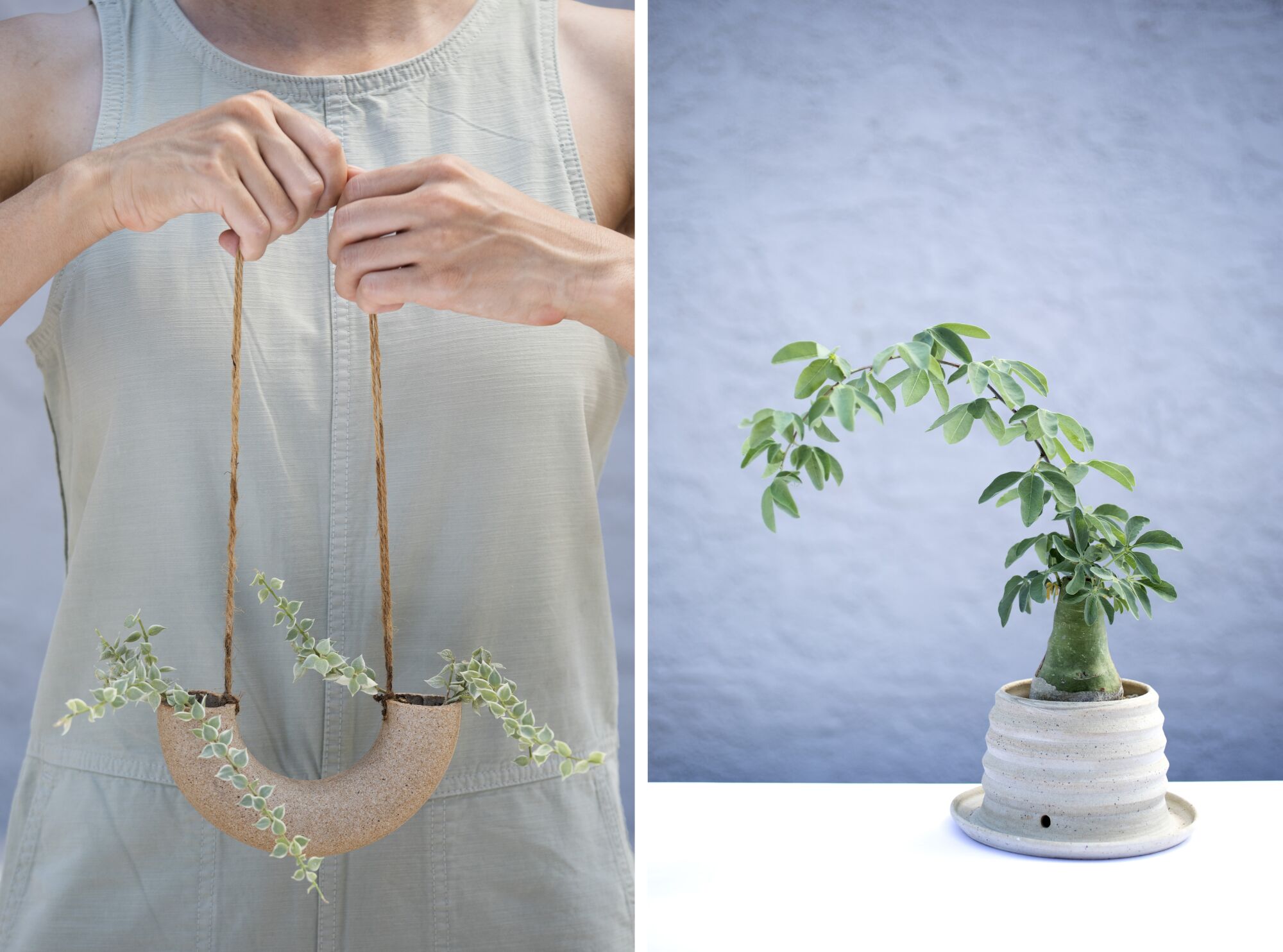 Left, a person holds up a macaroni-shaped planter. Right, another photo of a planter with a plant