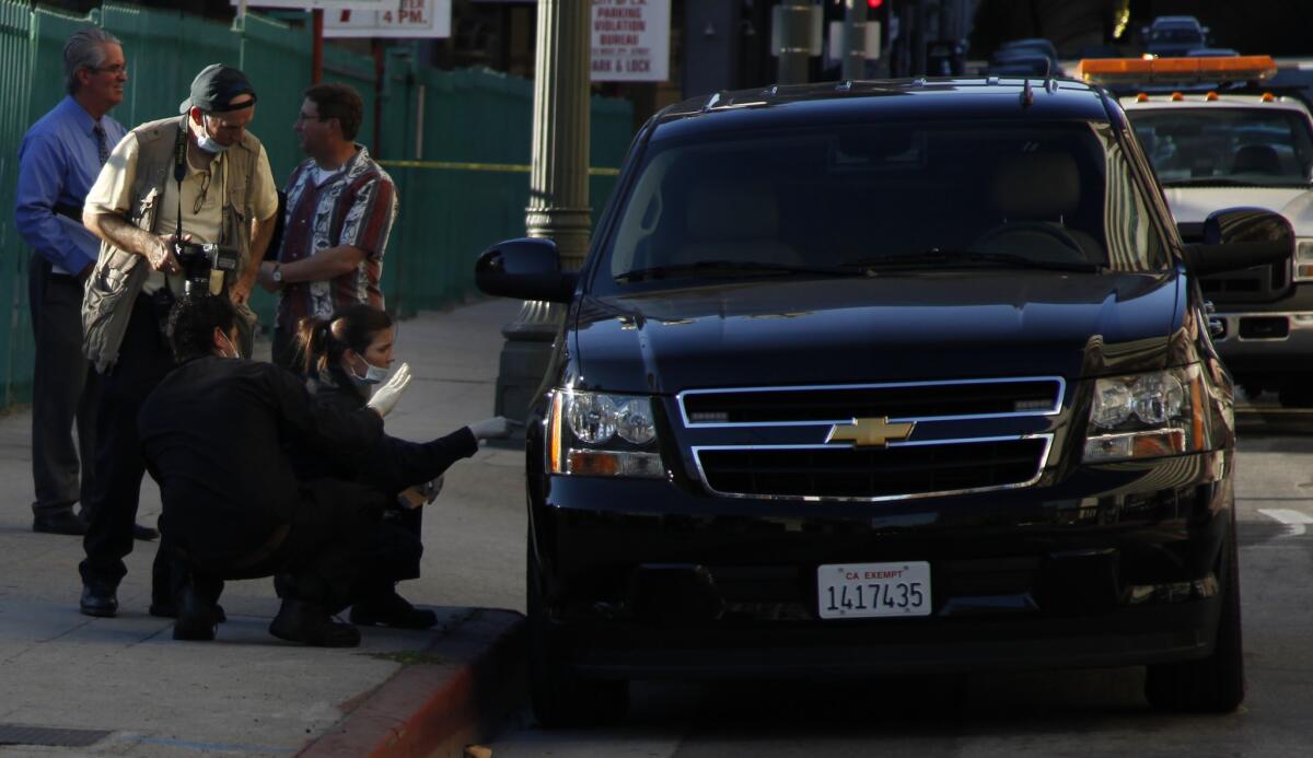 Police investigating the scene of an accident in which a police vehicle carrying Los Angeles Mayor Eric Garcetti struck a pedestrian on Tuesday.