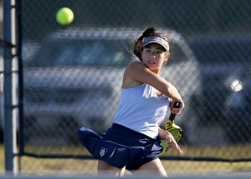 Marina's Mika Ikemori follows through on a forehand during the CIF Southern Section Individuals tournament on Dec. 1. 