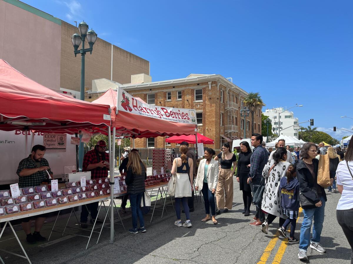 Consumers line up at the Harry's Berries stand at the Santa Monica Farmers Market on May 31, 2023.