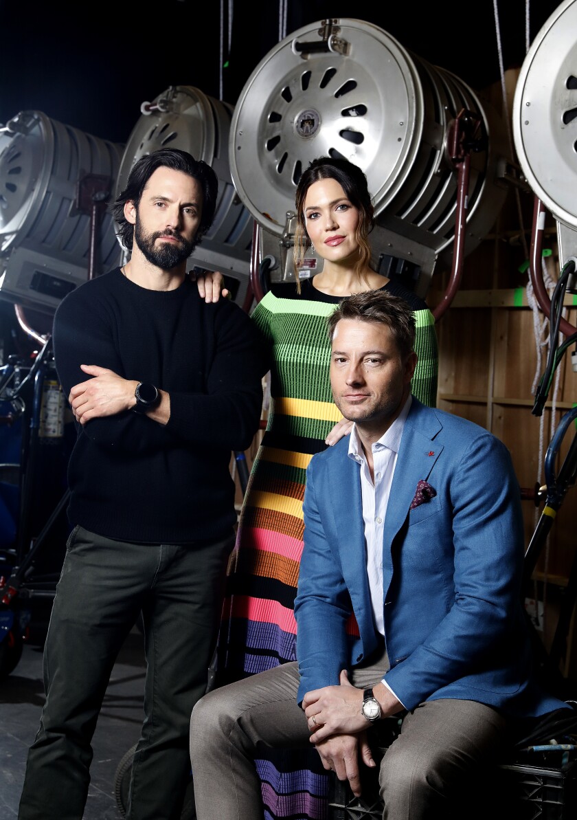 Milo Ventimiglia, Mandy Moore, and Justin Hartley, from left, of "This Is Us" are photographed at the Paramount Lot.