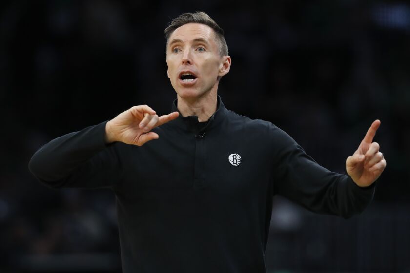 FILE - Brooklyn Nets head coach Steve Nash during the first half of Game 2 of an NBA basketball first-round Eastern Conference playoff series against the Boston Celtics on April 20, 2022, in Boston. Nash, opened training camp Tuesday, Sept. 27, 2022, by saying he wasn't fazed by reports over the summer that Kevin Durant wanted him fired. (AP Photo/Michael Dwyer, File)