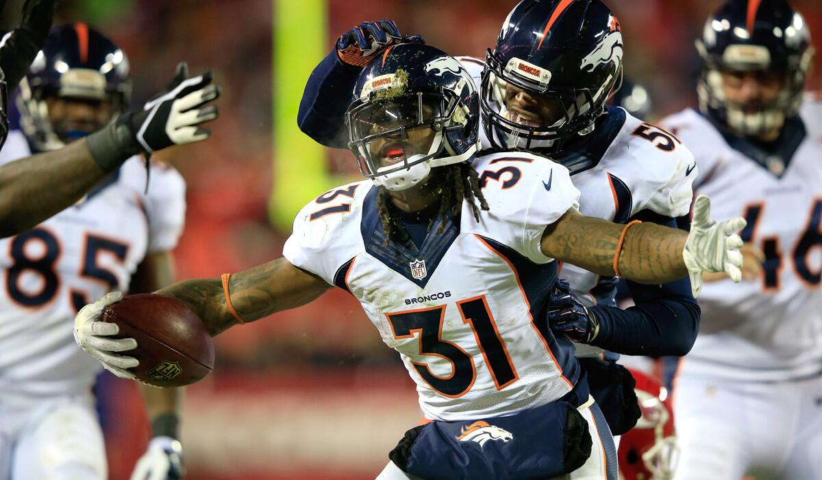Broncos cornerback Omar Bolden (31) celebrates after recovering a muffed punt by the Chiefs in the third quarter Sunday night in Kansas City.
