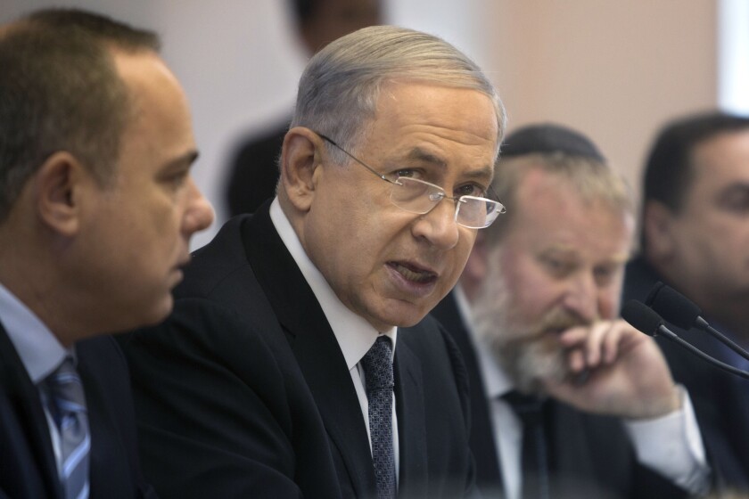 Prime Minister Benjamin Netanyahu speaks during the weekly Cabinet meeting at his office in Jerusalem on May 10.