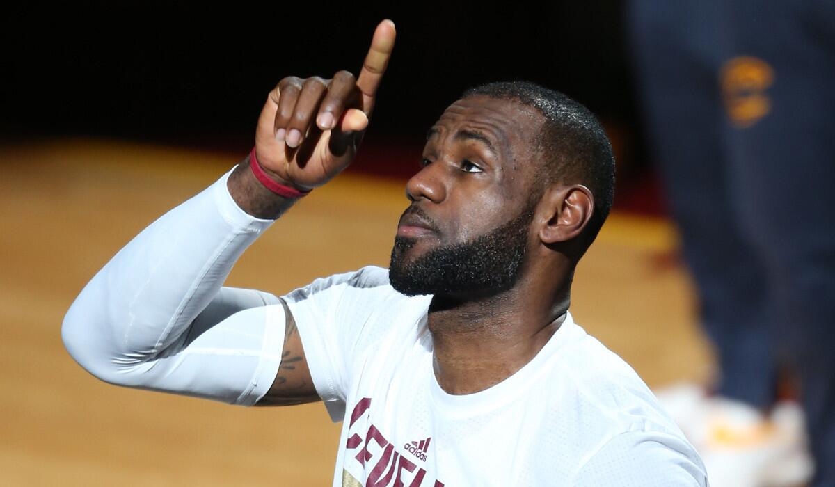 LeBron James gestures before a Cleveland Cavaliers game on June 16.