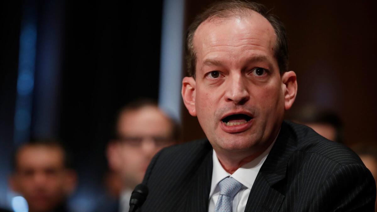 Labor Secretary Alexander Acosta testifies in March at his confirmation hearing before the Senate Health, Education, Labor and Pensions Committee.