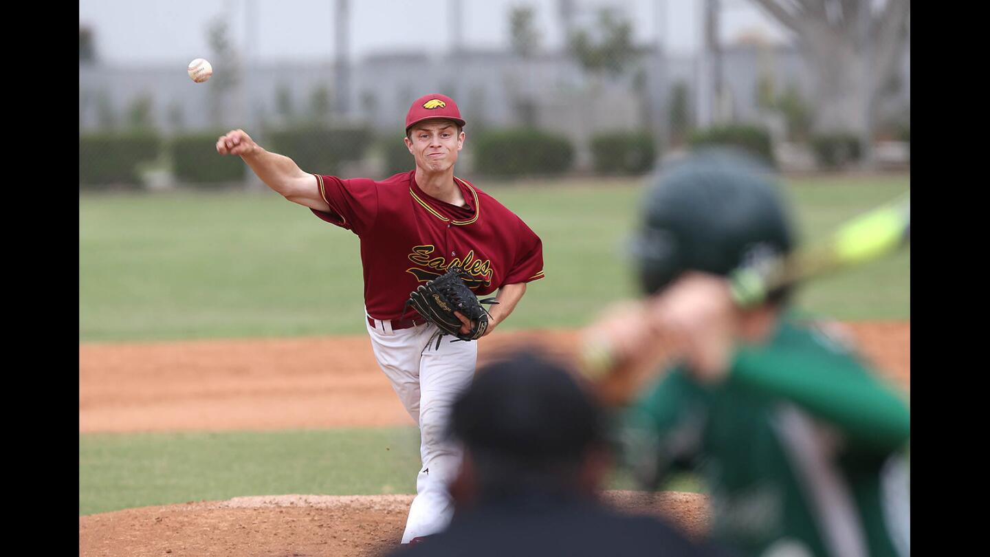 Estancia starting pitcher Jake Covey delivers against Costa Mesa during tiebreaker game to determine second place in the Orange Coast League on Friday.