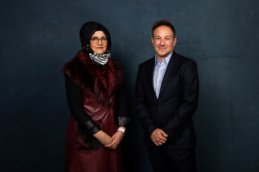PARK CITY, UTAH - JANUARY 24: Subject Hatice Cenjiz, fiancee of slain journalist Jamal Khashoggi, and director Bryan Fogel from the documentary, “The Dissident,” photographed in the L.A. Times Studio at the Sundance Film Festival on Friday, Jan. 24, 2020 in Park City, Utah. (Jay L. Clendenin / Los Angeles Times)