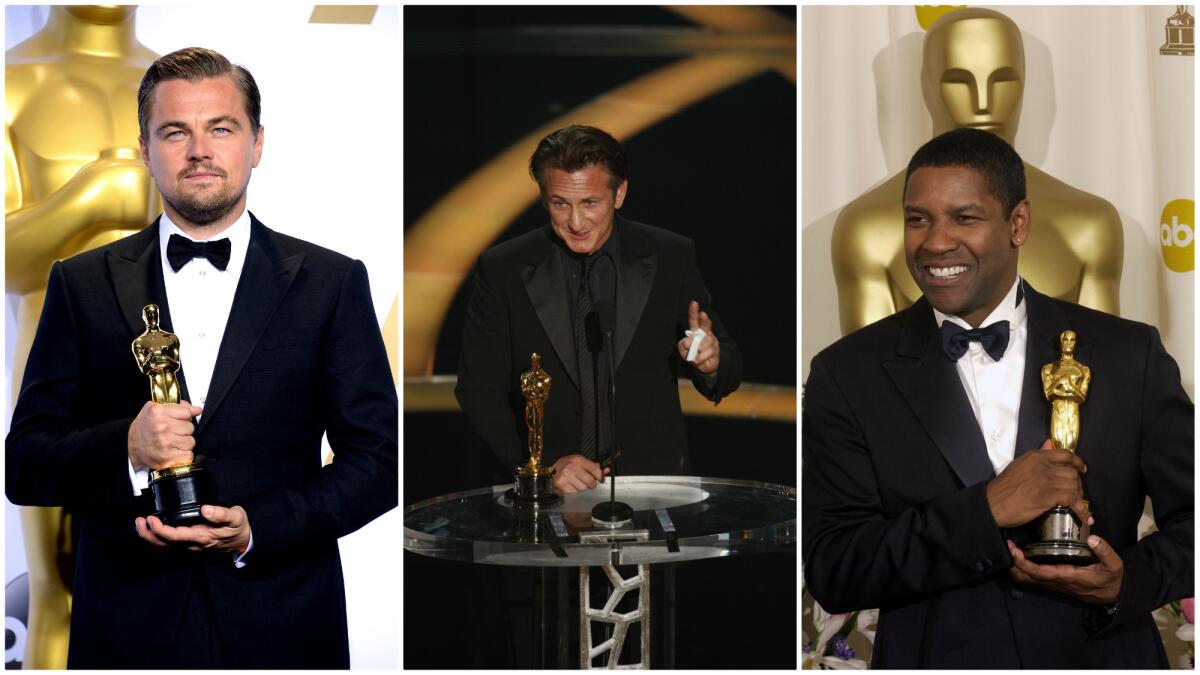 Leonardo DiCaprio, from left, Sean Penn and Denzel Washington are among the actors who took home Oscar gold while wearing a Giorgio Armani tuxedo.