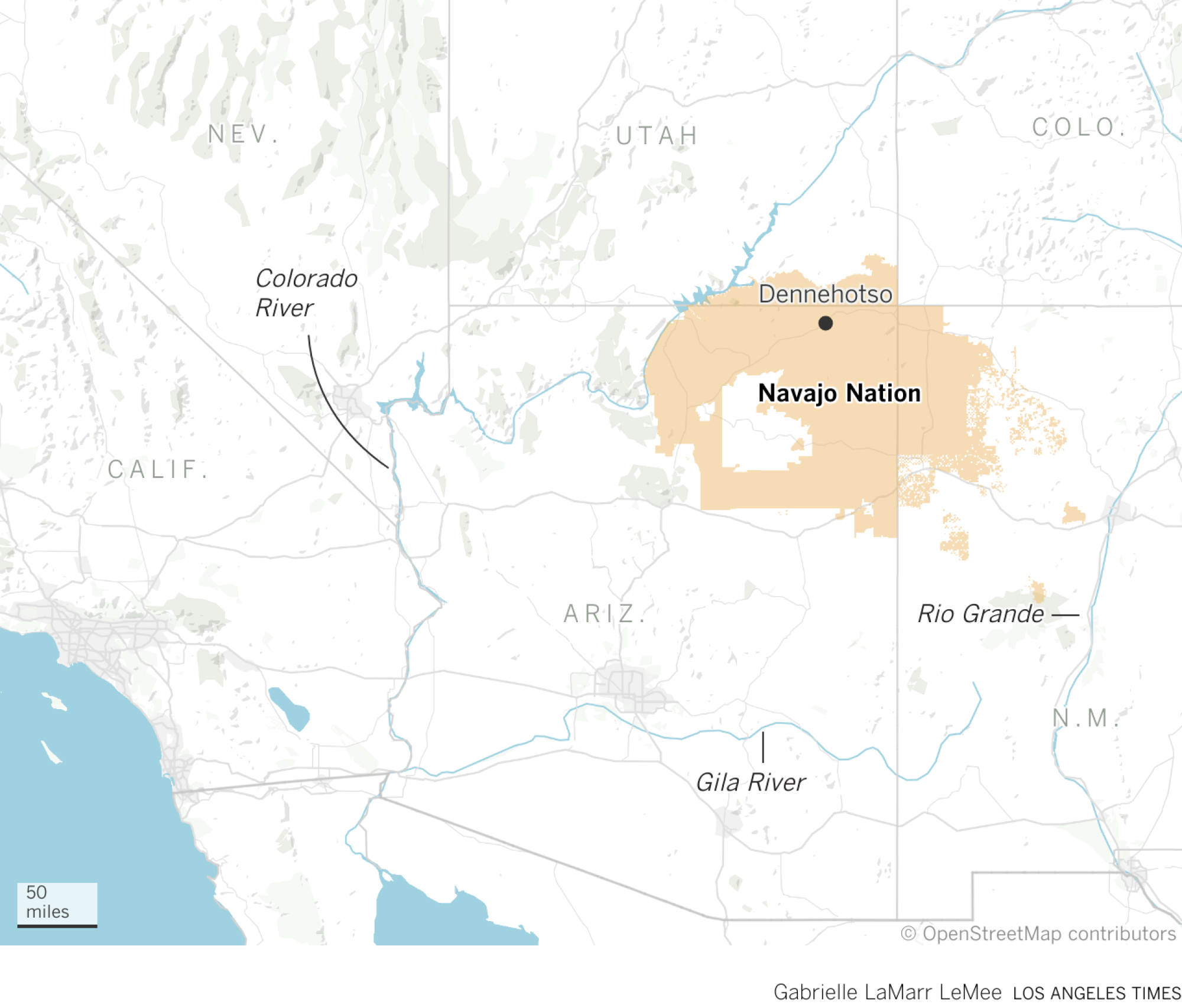 亚利桑那州、新墨西哥州和犹他州的纳瓦霍族边界地图。 毗邻边界的科罗拉多河也被突出显示。