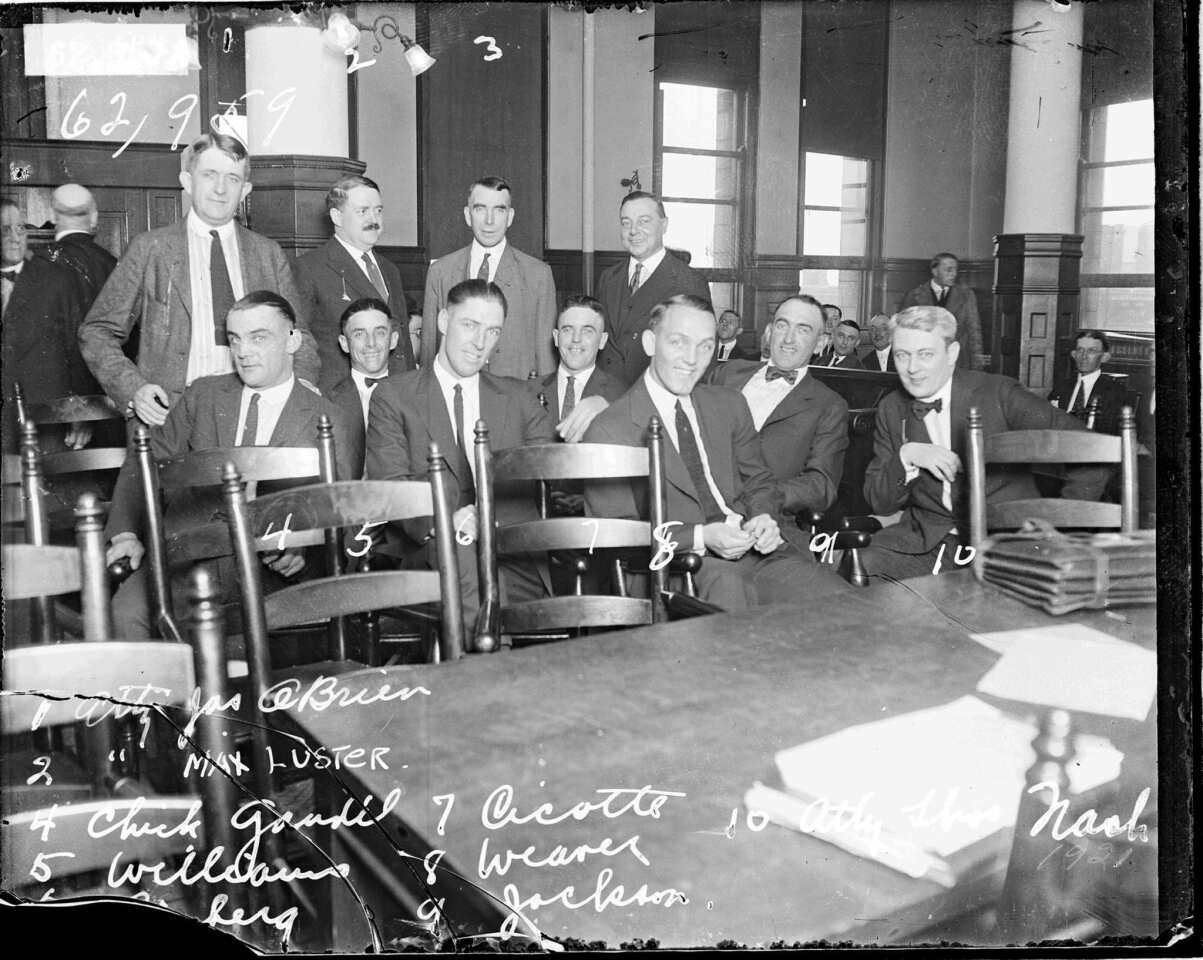 Eight members of the 1919 Chicago White Sox were banned for life for taking part in fixing the 1919 World Series. Seated in the Chicago courtroom in 1921 are (from left) Arnold Gandil, Claude 'Lefty' Williams, Charles 'Swede' Risberg, Eddie Cicotte, George 'Buck' Weaver and 'Shoeless' Joe Jackson as well as attorney Thomas Nash.