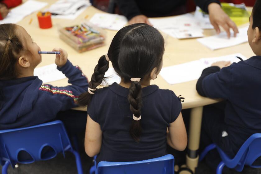 LONG BEACH-CA-MAY 1, 2023: Transitional kindergarten students participate in a math activity at Oropeza Elementary School in Long Beach on May 1, 2023. (Christina House / Los Angeles Times)