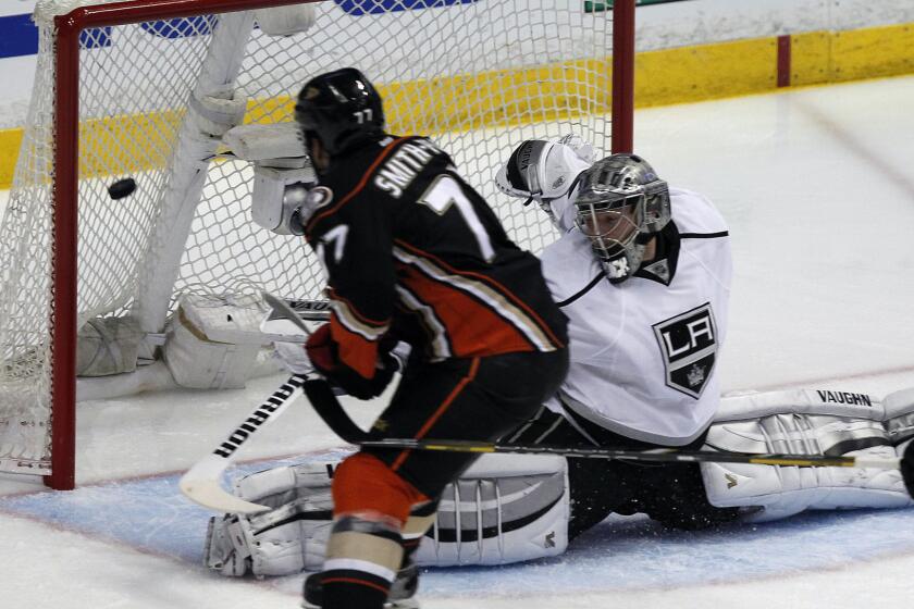 Ducks forward Devante Smith-Pelly scores on Kings goalie Jonathan Quick during the second period of the Ducks' 4-3 win in Game 5 of the Western Conference semifinals at Honda Center on Monday.
