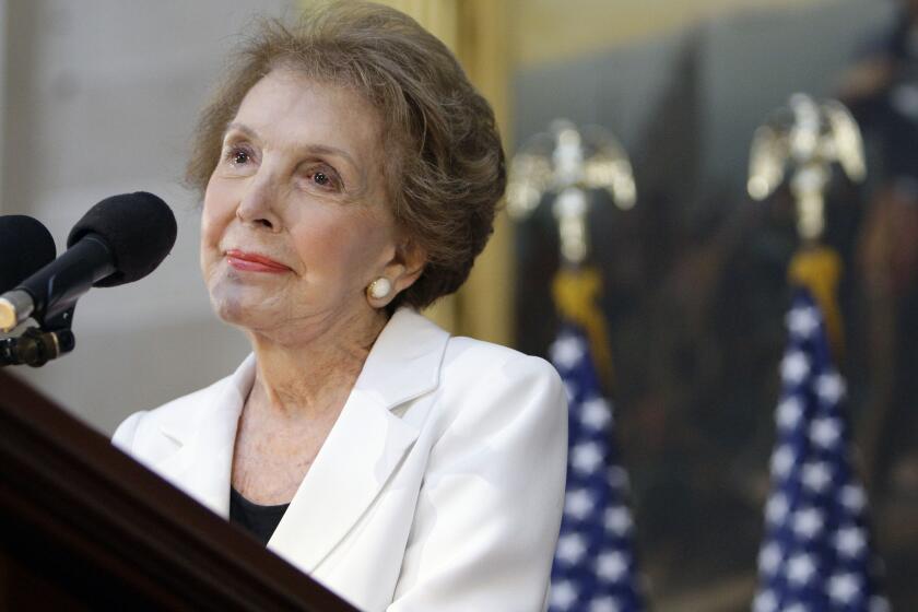In this June 3, 2009, file photo, former first lady Nancy Reagan speaks in the Capitol Rotunda in Washington, during a ceremony to unveil a statue of President Ronald Reagan.