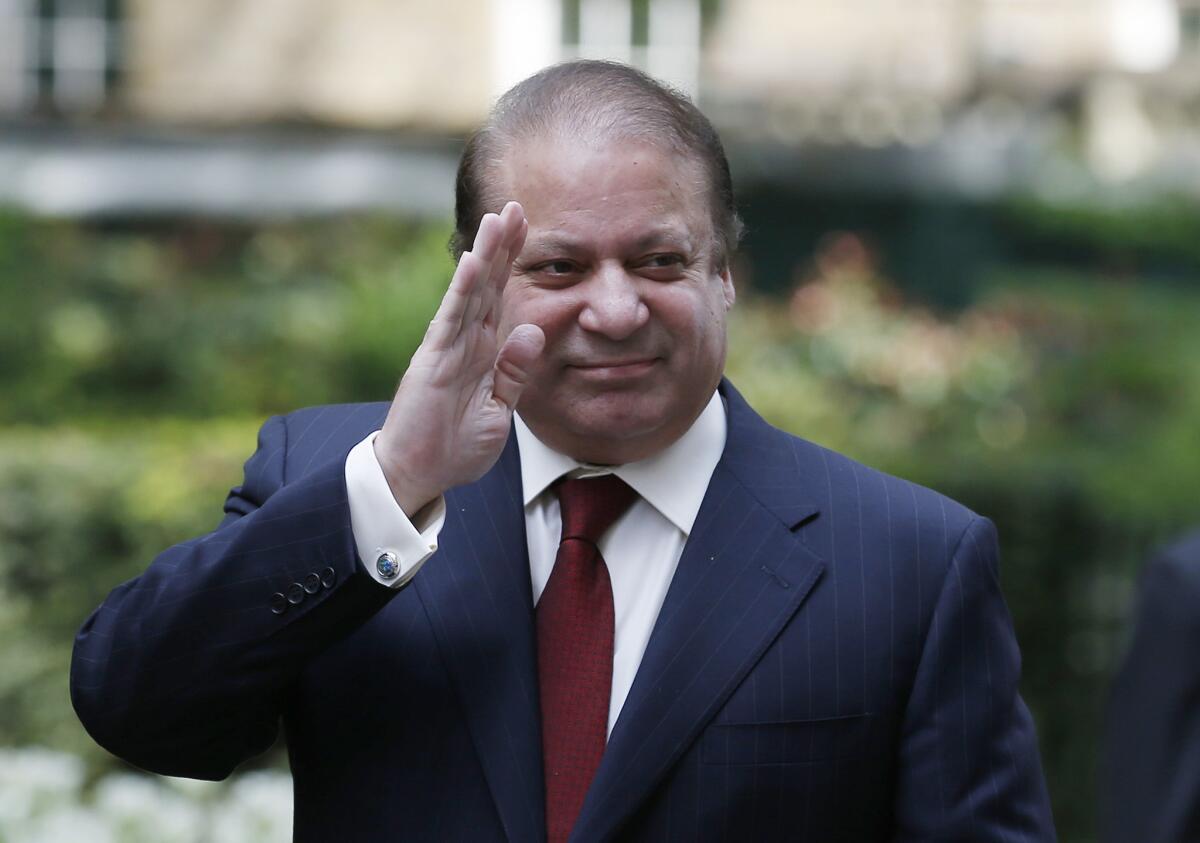 Pakistani Prime Minister Nawaz Sharif arrives for a meeting with British Prime Minister David Cameron in London in April 2014.