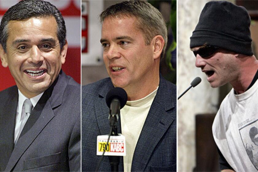 From left, Mayor Villaraigosa, candidate Walter Moore, and candidate David "Zuma Dogg" Saltsburg.