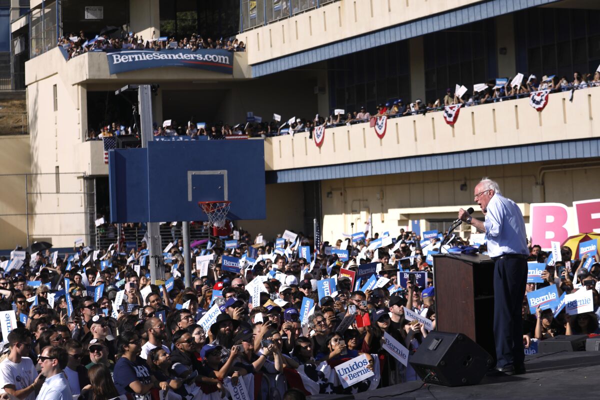 Sen. Bernie Sanders speaks at a rally at Woodrow Wilson Senior High School. Sanders' campaign is heavily investing in California and it sees Latino voters as the path to winning to the nomination.