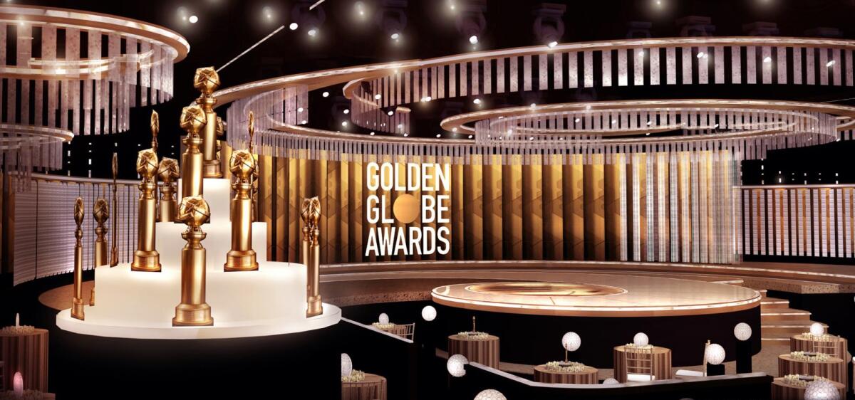 Closeup of Golden Globe statues.